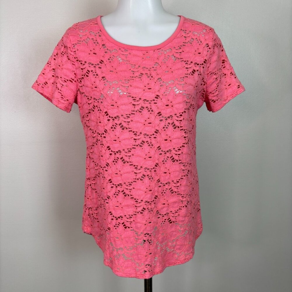 LOFT Top‎ Medium Pink Lace Short Sleeve Sheer Stretch T-Shirt Women's